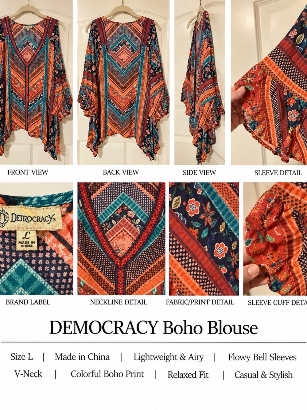 Democracy Boho V-Neck Blouse in Teal & Orange